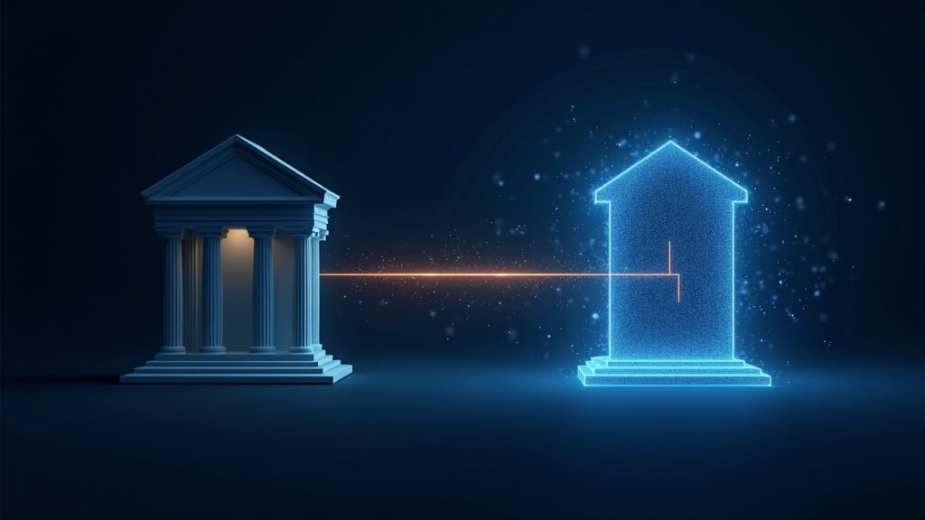 Imagen fotorrealista partida: fachada de un banco al lado de un libro mayor digital brillante, enlazados por un haz de estatuto que simboliza la confianza.