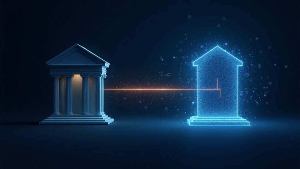 Imagen fotorrealista partida: fachada de un banco al lado de un libro mayor digital brillante, enlazados por un haz de estatuto que simboliza la confianza.
