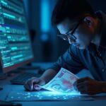 Comerciante de criptomonedas fotorrealista en un escritorio OTC examinando billetes falsos de 50k won bajo luz de neón con una superposición de blockchain.