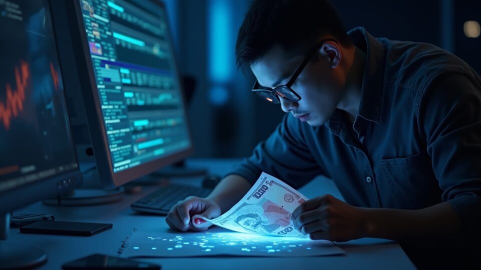 Comerciante de criptomonedas fotorrealista en un escritorio OTC examinando billetes falsos de 50k won bajo luz de neón con una superposición de blockchain.