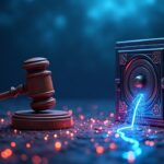 Intercambio de criptomonedas fotorrealista bajo un mazo judicial; líneas de blockchain alimentan una bóveda, señalando riesgo regulatorio.