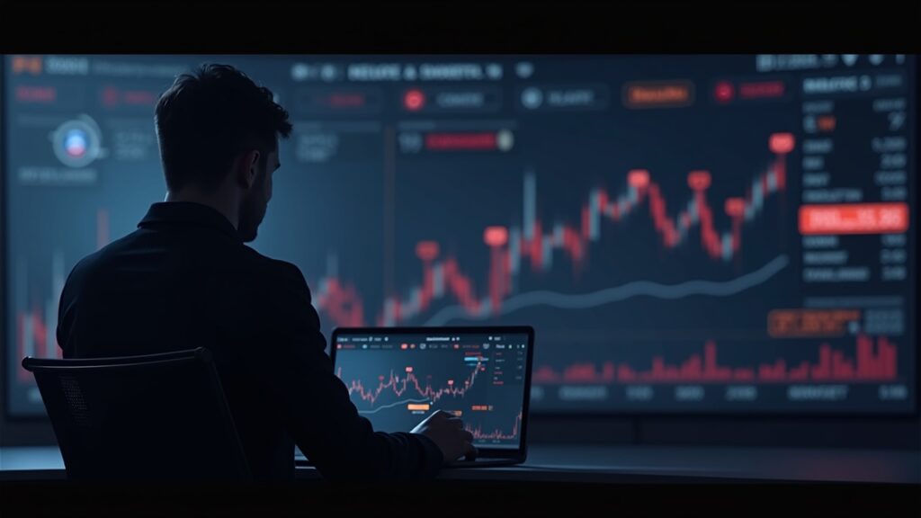 Comerciante de criptomonedas fotorrealista revisa un panel con señales de alerta y datos on-chain, indicando el escrutinio sobre Binance tras el acuerdo de culpabilidad.