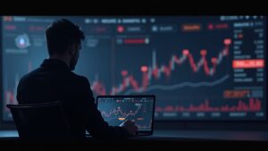 Comerciante de criptomonedas fotorrealista revisa un panel con señales de alerta y datos on-chain, indicando el escrutinio sobre Binance tras el acuerdo de culpabilidad.