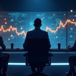 Escena fotorrealista de ejecutivos alrededor de gráficos de mercado con Bitcoin, flujos de ETF y logotipos de Ripple, Solana y Binance.