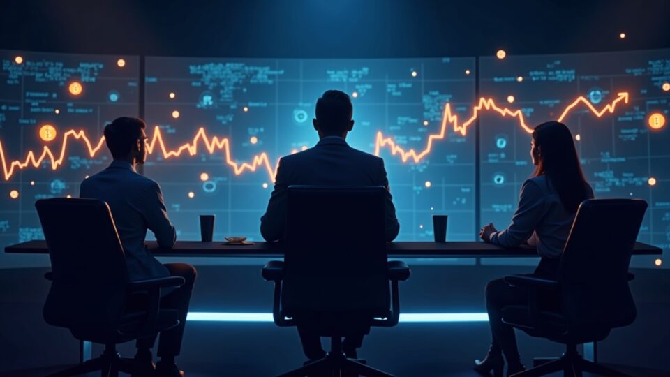 Escena fotorrealista de ejecutivos alrededor de gráficos de mercado con Bitcoin, flujos de ETF y logotipos de Ripple, Solana y Binance.