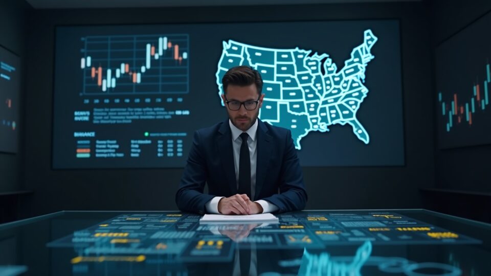 Ejecutivo cripto fotorrealista en un escritorio de cristal con gráficos holográficos, un sutil resplandor del mapa de EE. UU. y un gráfico de participación en disminución.