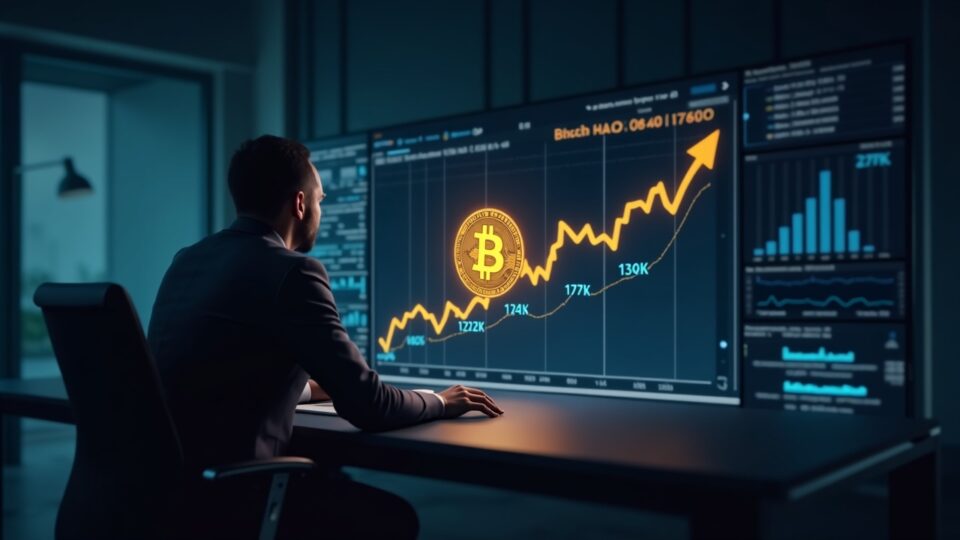 Bitcoin con un gráfico de precio en ascenso hacia 107K, analista concentrado en un escritorio elegante en medio de flujos de datos digitales y símbolos de DeFi.