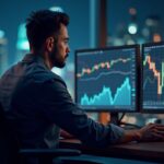 Operador fotorrealista analiza gráficos de Bitcoin en múltiples pantallas con una ciudad futurista y glifos de blockchain.