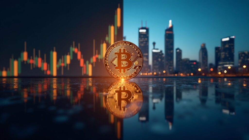 Emblema fotorealista de Bitcoin centrado en una pantalla dividida con una gráfica ascendente y torres altas, señalando la era institucional de las criptomonedas.