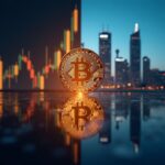 Emblema fotorealista de Bitcoin centrado en una pantalla dividida con una gráfica ascendente y torres altas, señalando la era institucional de las criptomonedas.
