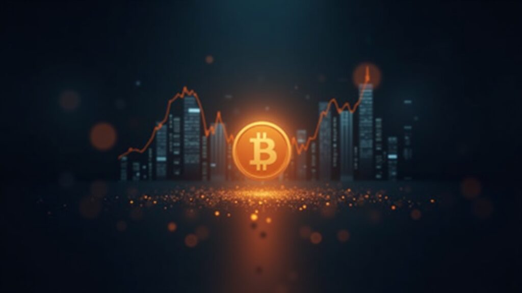 Encabezado fotorrealista de sala de prensa con un resplandor central de Bitcoin, gráficos de entradas a ETFs en ascenso y un sutil trasfondo regulatorio.