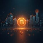 Encabezado fotorrealista de sala de prensa con un resplandor central de Bitcoin, gráficos de entradas a ETFs en ascenso y un sutil trasfondo regulatorio.