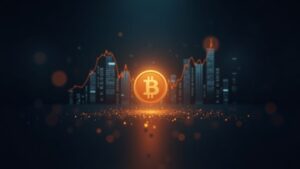 Encabezado fotorrealista de sala de prensa con un resplandor central de Bitcoin, gráficos de entradas a ETFs en ascenso y un sutil trasfondo regulatorio.