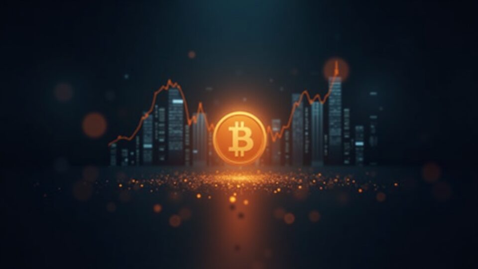 Encabezado fotorrealista de sala de prensa con un resplandor central de Bitcoin, gráficos de entradas a ETFs en ascenso y un sutil trasfondo regulatorio.