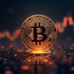 Bitcoin hiperrealista en el centro con un gráfico ascendente pasando de los 90,000, sobre un resplandor neón de bolsa y datos en streaming.