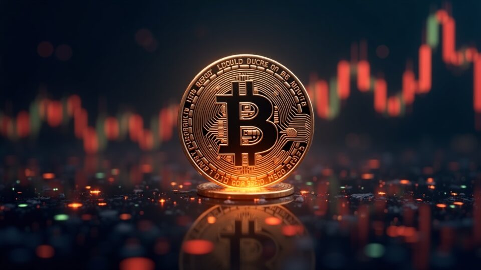 Bitcoin hiperrealista en el centro con un gráfico ascendente pasando de los 90,000, sobre un resplandor neón de bolsa y datos en streaming.