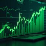 Escritorio de trader fotorrealista con gráfico de BTC subiendo por encima de 91k, tendencia alcista verde y barras de volumen, fondo de ciudad futurista