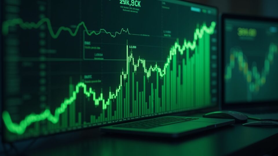 Escritorio de trader fotorrealista con gráfico de BTC subiendo por encima de 91k, tendencia alcista verde y barras de volumen, fondo de ciudad futurista