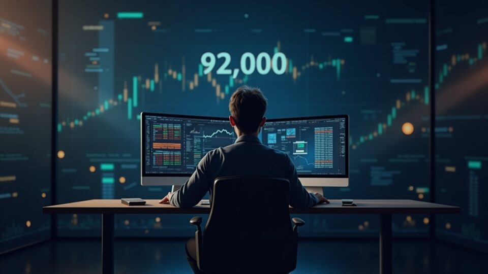 Comerciante fotorrealista en un escritorio moderno con un tablero de precios de BTC en 92,000, una silueta de oso y iconos de fuentes de datos.