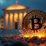 Símbolo fotorrealista de Bitcoin sobre un gráfico de precios volátil con un edificio de la Fed al fondo
