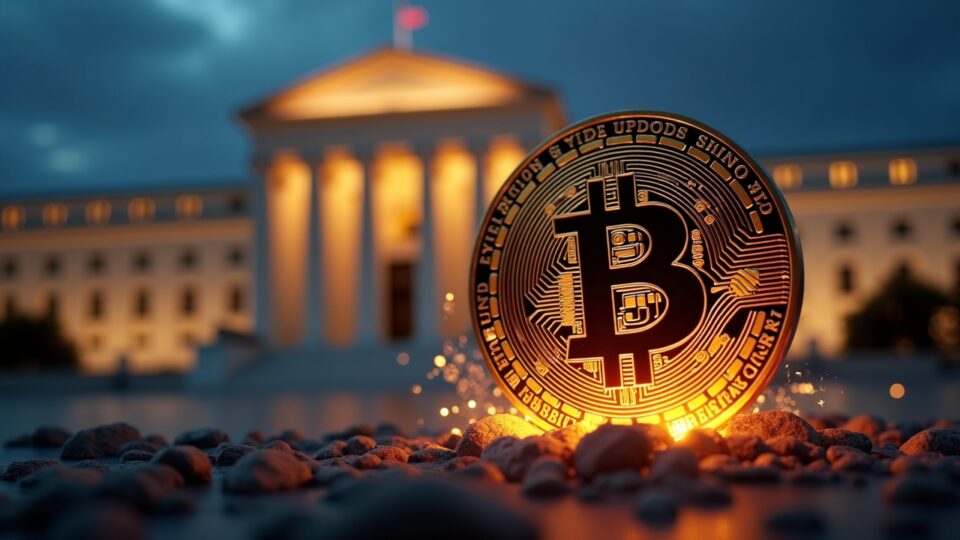 Símbolo fotorrealista de Bitcoin sobre un gráfico de precios volátil con un edificio de la Fed al fondo
