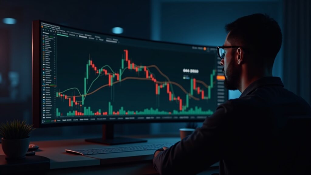 Analista observa el breakout de BTC más allá de 94k en un monitor con barras de volumen en aumento y señales de apretón gamma