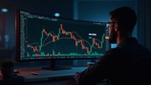 Analista observa el breakout de BTC más allá de 94k en un monitor con barras de volumen en aumento y señales de apretón gamma