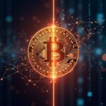 Encabezado fotorrealista: Bitcoin en el centro con resplandor, vista dividida de la gobernanza de Aave DAO y Aave Labs, fondo de libro mayor digital.