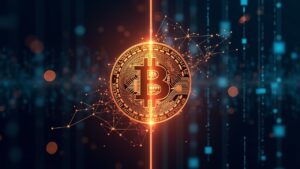 Encabezado fotorrealista: Bitcoin en el centro con resplandor, vista dividida de la gobernanza de Aave DAO y Aave Labs, fondo de libro mayor digital.