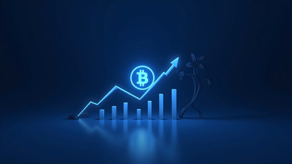Glifo de Bitcoin en ascenso junto a un gráfico de precios luminoso con flechas alcistas y barras de momentum sobre un escritorio de trading en tonos azules.