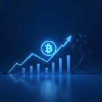 Glifo de Bitcoin en ascenso junto a un gráfico de precios luminoso con flechas alcistas y barras de momentum sobre un escritorio de trading en tonos azules.