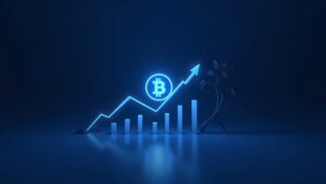 Glifo de Bitcoin en ascenso junto a un gráfico de precios luminoso con flechas alcistas y barras de momentum sobre un escritorio de trading en tonos azules.