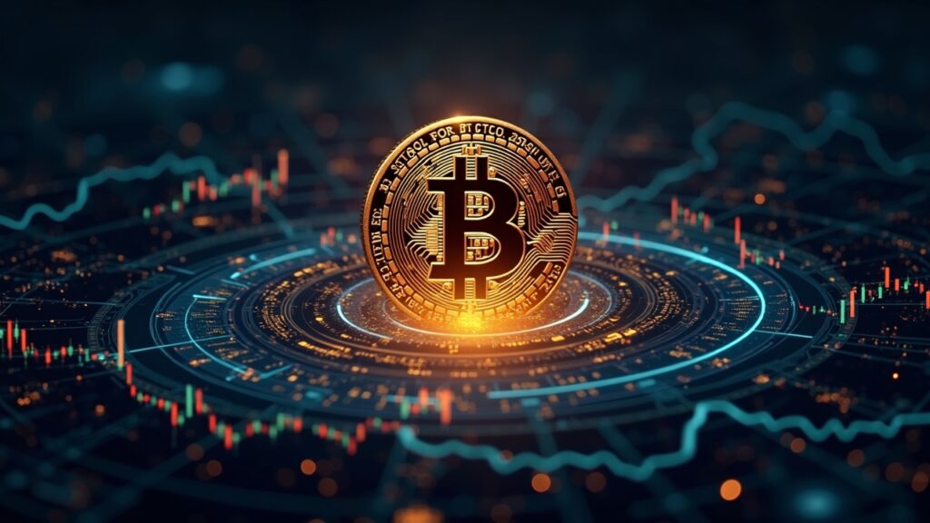 Glifo fotorealista de Bitcoin en una sala de trading de alta tecnología, siluetas de ballenas rodeando cámaras acorazadas de ETF y flujos de datos.