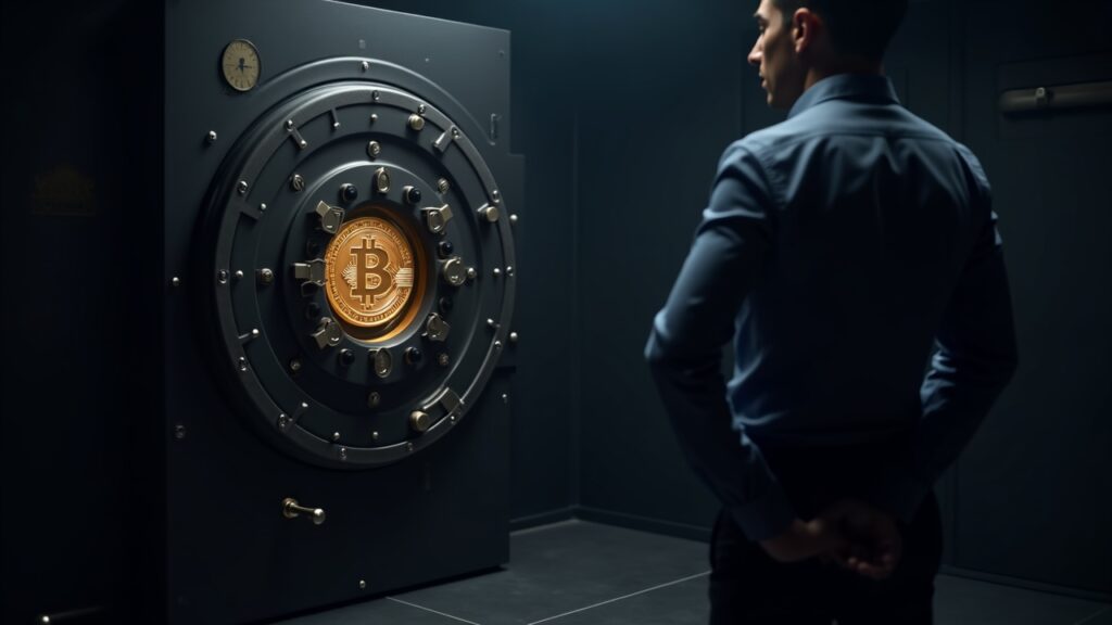 Puerta de bóveda fotorrealista con el emblema de Bitcoin y un inversor profesional, que señala un cambio hacia la autocustodia y las reservas institucionales.