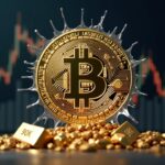 Moneda Bitcoin fotorrealista rompiendo vidrio, con un gráfico ascendente hasta 90k y barras de oro y plata.