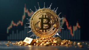Moneda Bitcoin fotorrealista rompiendo vidrio, con un gráfico ascendente hasta 90k y barras de oro y plata.