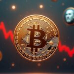 Bitcoin fotorrealista como pieza central con una línea de tendencia descendente roja, logotipos institucionales desvaneciéndose y un fondo atenuado de la Fed.