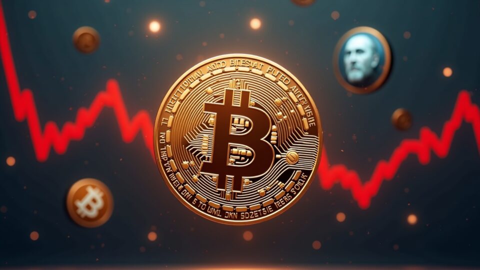 Bitcoin fotorrealista como pieza central con una línea de tendencia descendente roja, logotipos institucionales desvaneciéndose y un fondo atenuado de la Fed.