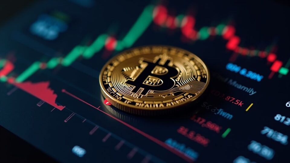 Símbolo de Bitcoin sobre un panel de mercado de alta tecnología con una flecha roja hacia abajo y etiqueta de precio 87k, iluminación de sala de redacción.