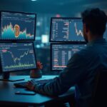 Photorealistic newsroom with a focused trader; monitors show bitcoin near $80k, negative coinbase premium, and ETF outflows.