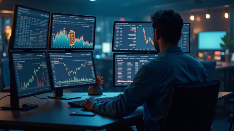Photorealistic newsroom with a focused trader; monitors show bitcoin near $80k, negative coinbase premium, and ETF outflows.