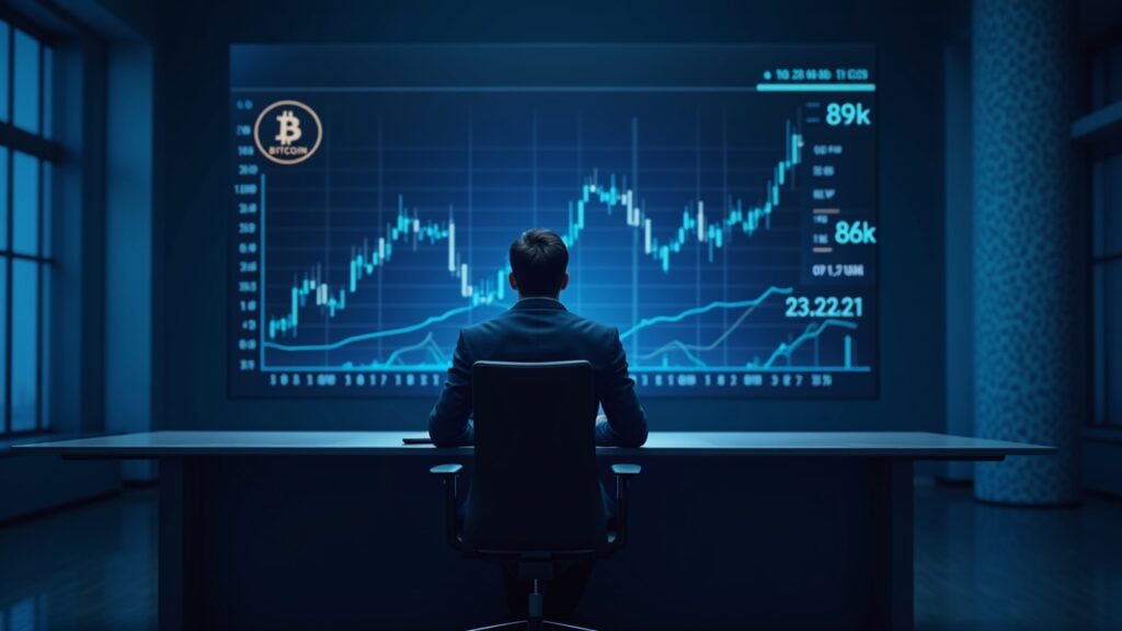 Operador fotorrealista en un escritorio elegante observando el gráfico de Bitcoin caer de 89k a 86k, con un resplandor de CPI y una iluminación azul.