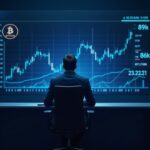Operador fotorrealista en un escritorio elegante observando el gráfico de Bitcoin caer de 89k a 86k, con un resplandor de CPI y una iluminación azul.