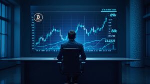 Operador fotorrealista en un escritorio elegante observando el gráfico de Bitcoin caer de 89k a 86k, con un resplandor de CPI y una iluminación azul.
