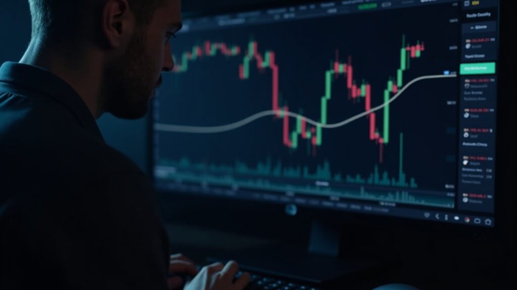Un operador estudia gráficos del vencimiento de opciones de Bitcoin Deribit en una pantalla grande en una sala de trading con poca luz.
