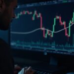 Un operador estudia gráficos del vencimiento de opciones de Bitcoin Deribit en una pantalla grande en una sala de trading con poca luz.