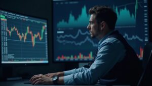 Analista de mercado fotorrealista en un moderno escritorio de trading, gráficos de BTC y de la base de futuros mostrando la reversión de las salidas de ETF.