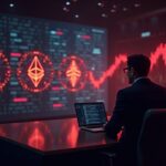Sala de prensa fotorrealista: analista en el escritorio, logotipos holográficos de BTC, ETH y XRP, caídas de precio en rojo y liquidaciones por $500M.