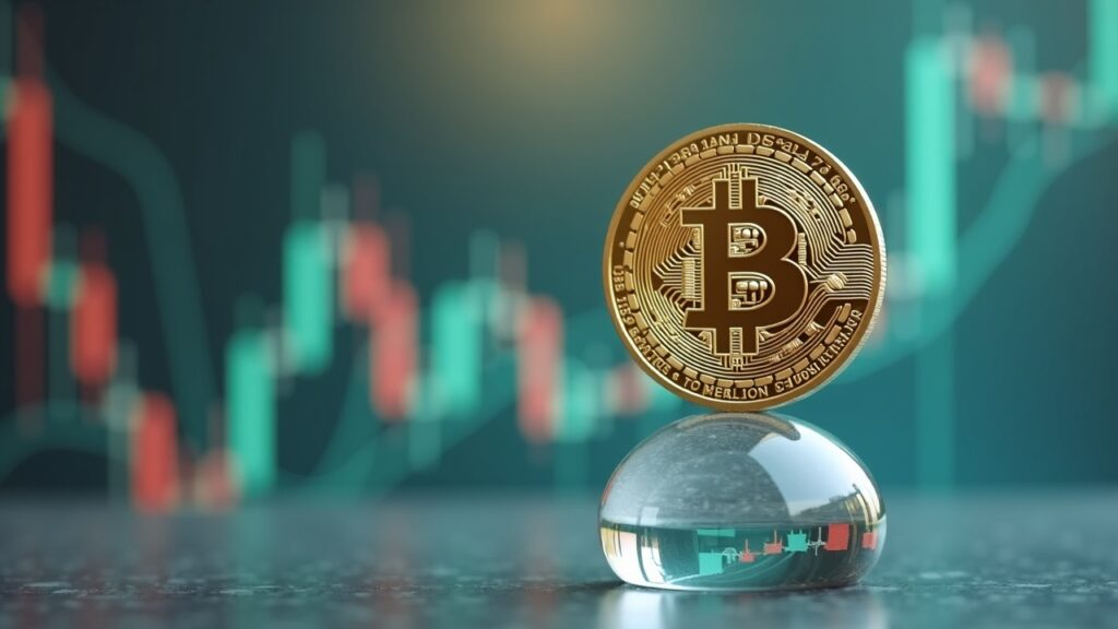 Moneda de Bitcoin fotorrealista sobre una delicada balanza de vidrio frente a un gráfico macro fluctuante, señalando un escenario frágil cerca de los $90k.
