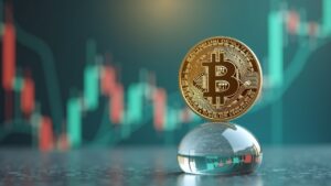 Moneda de Bitcoin fotorrealista sobre una delicada balanza de vidrio frente a un gráfico macro fluctuante, señalando un escenario frágil cerca de los $90k.